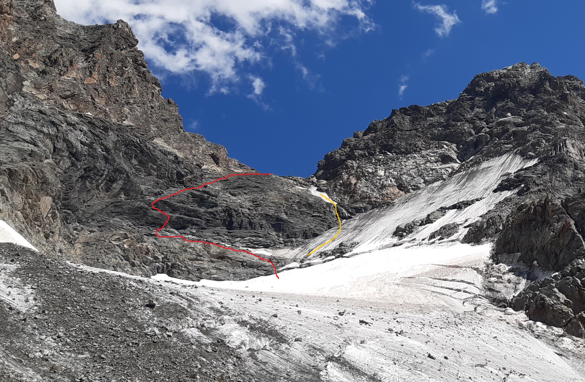 Fuorcla Prievlusa 3426m., červená ferrata, žltá pôvodný smer výstupu Fuorcla_Prievlusa_3426m.,_červená_ferrata,_žltá_pôvodný_smer_výstupu